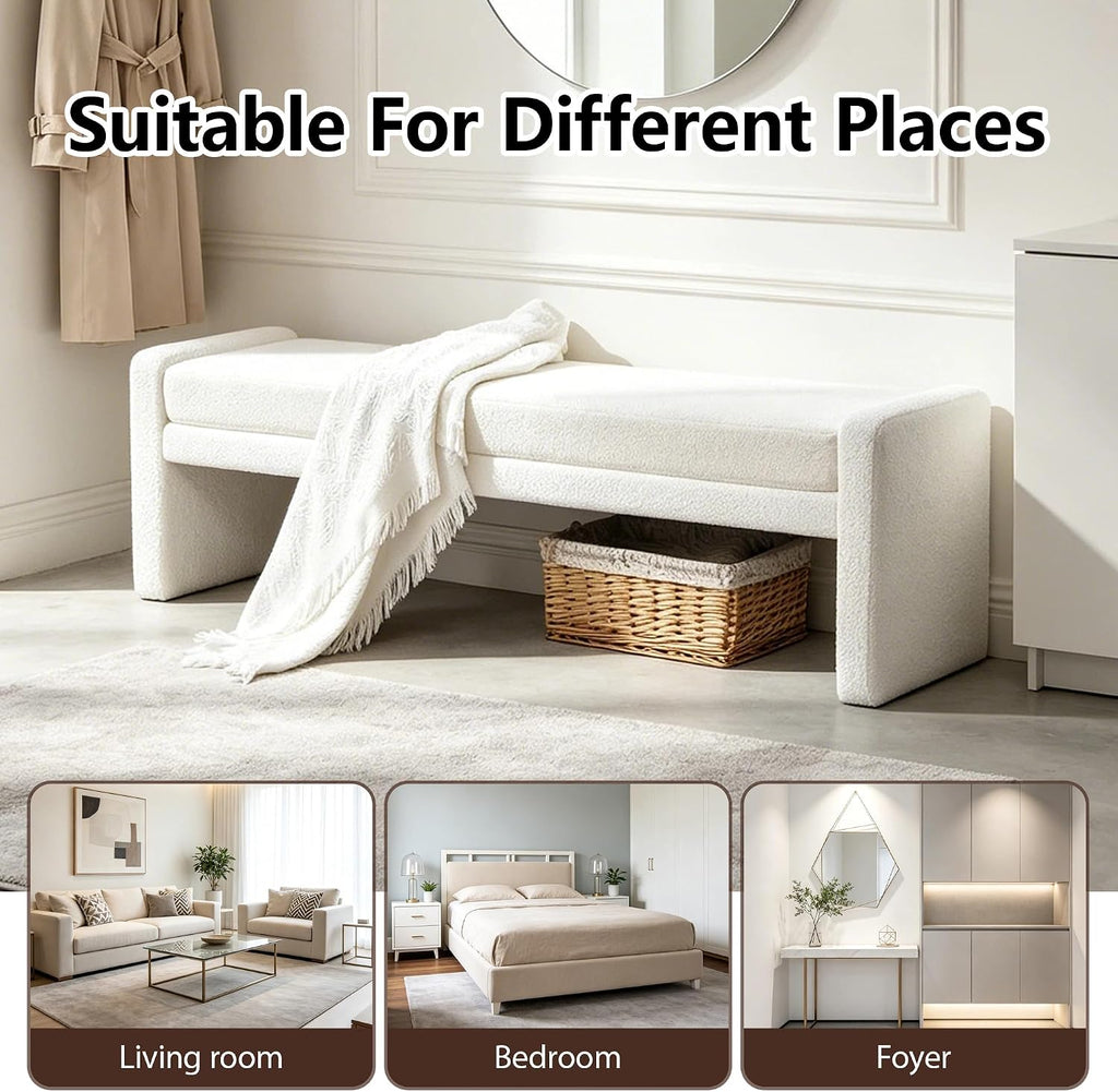 66.9" White Upholstered End of Bed Bench Fit Full/Queen/King Size Bed,Modern Under Window Bench,Rectangle Ottoman