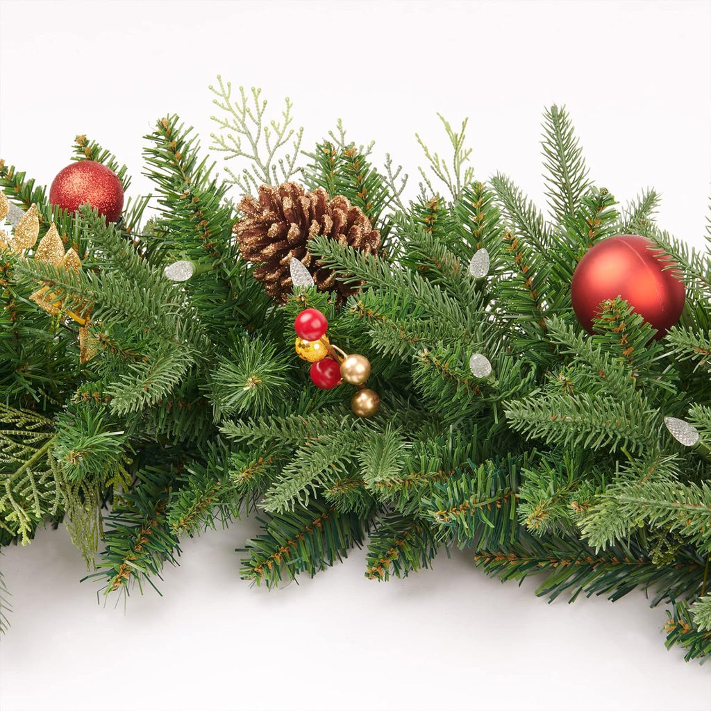 9FT Red Gold Christmas Garland Prelit with Battery Operated 50 LED Lights,Holiday Decoration Stairs Mantle Door