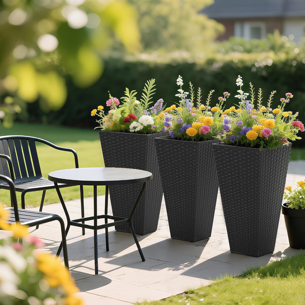 24 in Taper Tall Planters for Outdoor Plants Set of 3, Black | with Drainage Holes, Rattan Decor Plant Pots, Indoor
