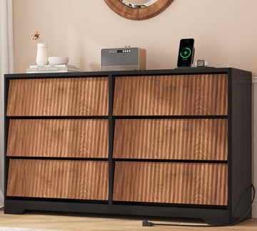 Fluted 6-Drawer Bedroom Dresser with Power Outlets & USB Ports, Modern Handleless Design in White, Oak, Black &