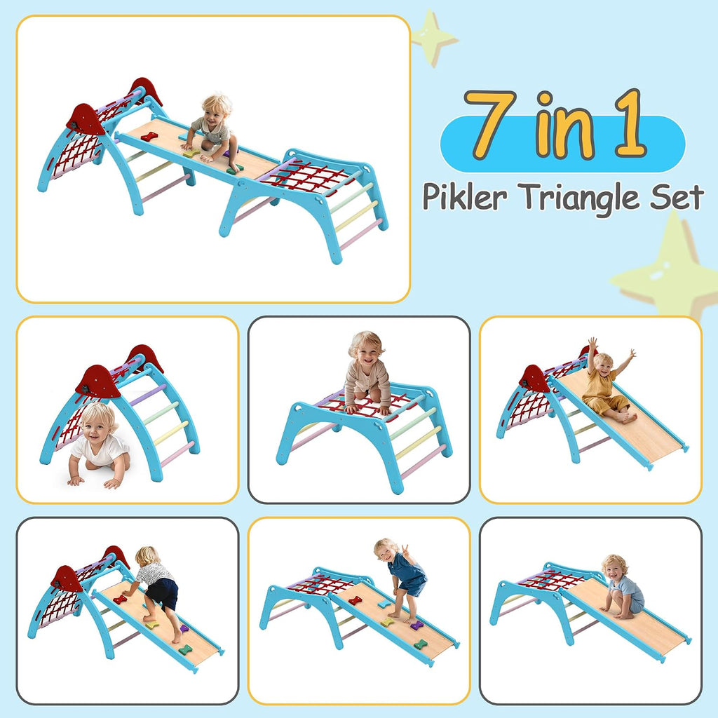 Triangle Set, 7 in 1 Climbing Toys Indoor for Kids, Wooden Montessori Climbing Set with Arch Ramp Ladder, Foldable