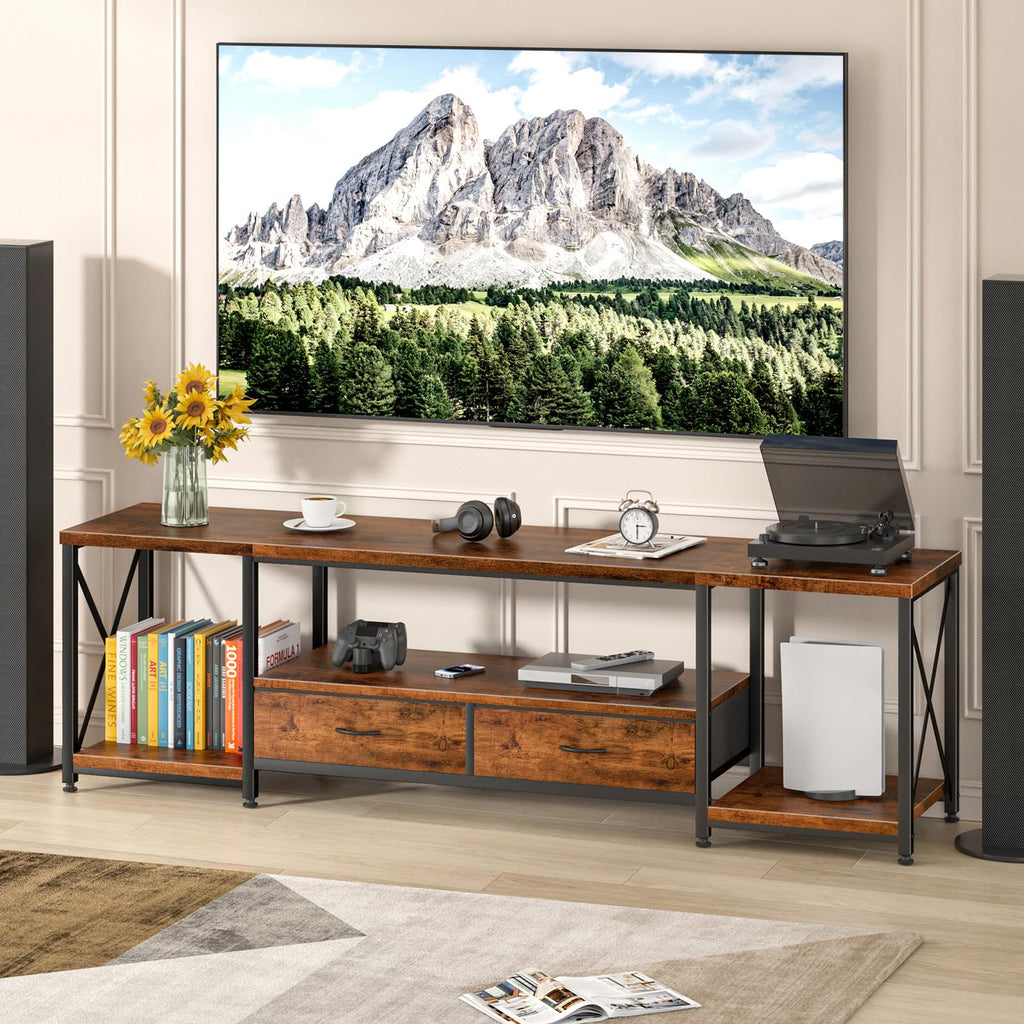 TV Stand with Fabric Drawers - Entertainment Center and Industrial Console Table with Open Storage Shelves - 71.5"