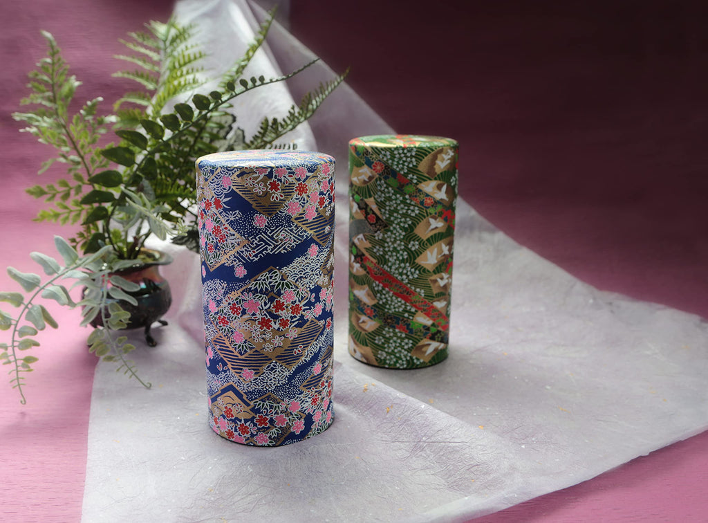 Japanese Tea Canister Tin Sakura Blizzard on a Rhombus Pattern Blue/Double Lid/Japanese YUZEN Washi Paper Pasted