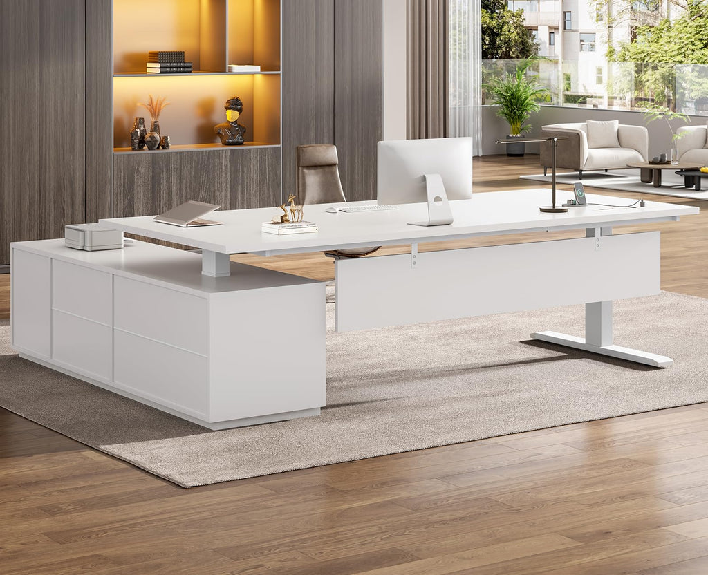 71" Executive Large L Shaped Electric Standing Desk, White