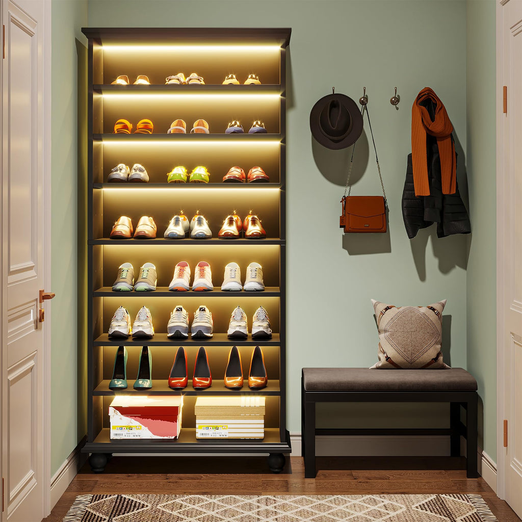 Narrow Tall Shoe Cabinet with LED Lighting, 9-Tier 30 Pairs Freestanding Shoes Storage Cabinet, Wood Shoe Organizer