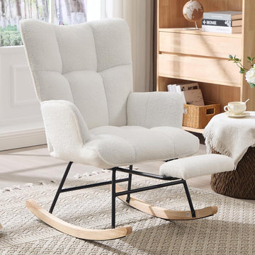 Nursery Rocking Chair with Footrest, Teddy Upholstered Glider Rocker with Side Pocket, Leisure Rocker Chair with High