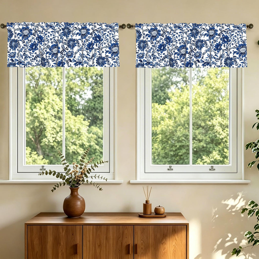 Navy Elegant Floral Kitchen Window Curtain 54"x18", Blue White Vintage Chinoiserie Flower Valance Farmhouse Window