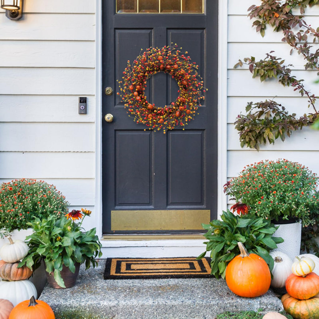 Fall Berry Wreath, 20" Autumn Orange Front Door Wreath Harvest Wreath with Pumpkins, Acorns Artificial Wreath for