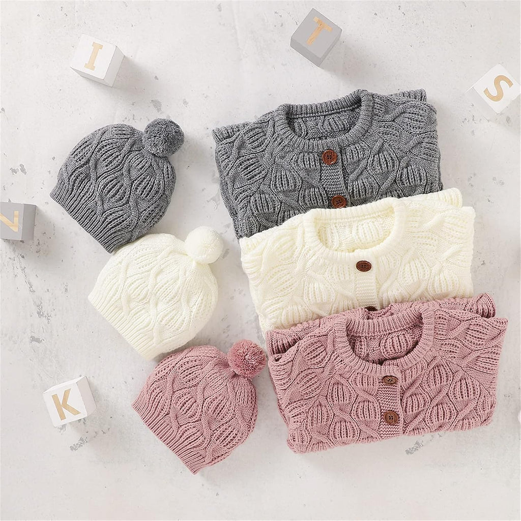 Newborn Baby Boys Girls 2Pcs Fall Winter Outfits Long Sleeve Solid Cable Knit Rompers Onesie+Knitted Hat Sets