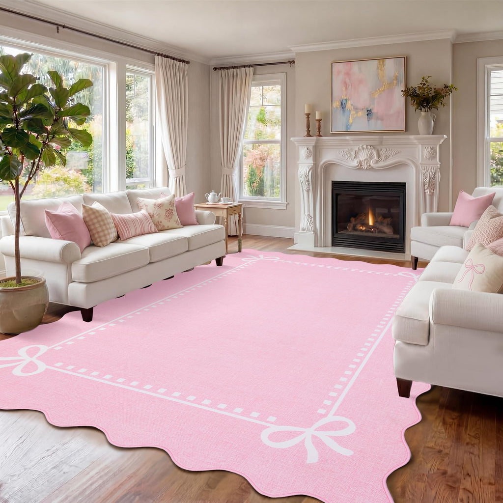 Scalloped Bow Rug Washable Solid Pink 8x10 Area Rug
