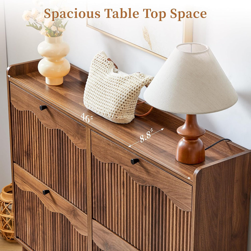 47.2" Shoe Storage Cabinet with 4 Flip Drawers, Narrow Shoe Organizer with Wave&Fluted Panel, Freestanding Wood