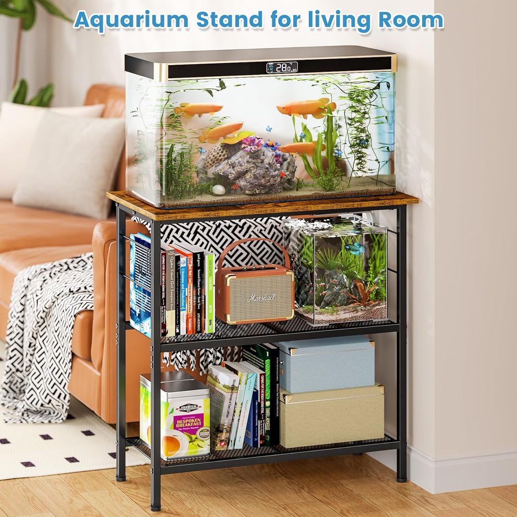 20 Gallon Fish Tank Stand, 3 Tier Aquarium Stand with Movable Hooks, 28.5" L* 15.74" W Tabletop, Heavy Duty Terrarium