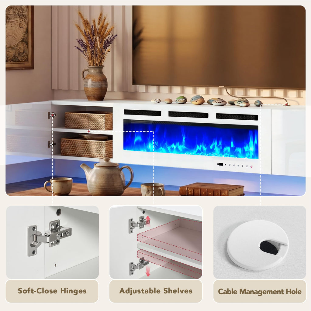 80" Floating TV Stand, Wall-Mounted Entertainment Center with 40" Electric Fireplace, Fits TVs Up to 90 Inches, Media