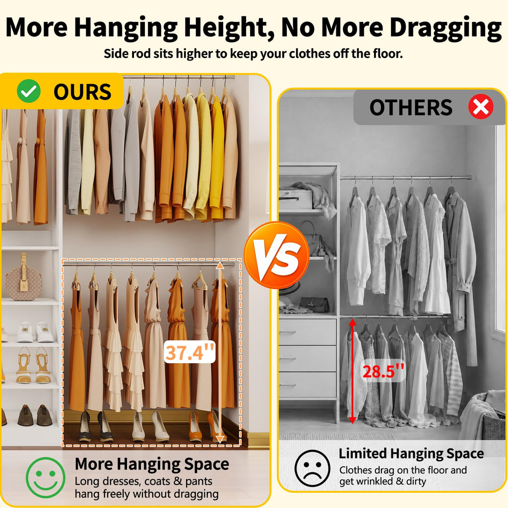 Closet System with 6 Drawers & Mirror, 4-12FT Closet Organizer System with 6 Shelves, 5 Hanging Rods & Light, Modular