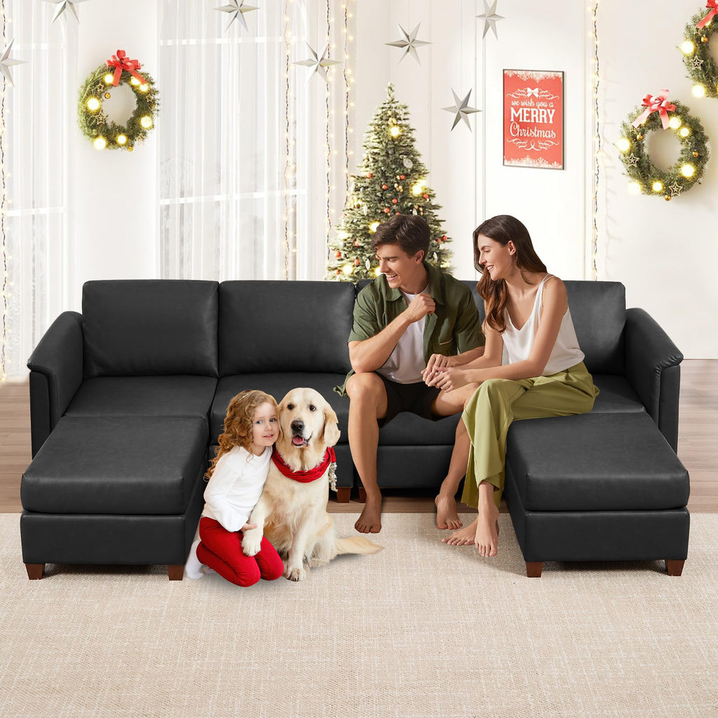115" Modern Sectional Sofa, Faux Leather Modular Sectional Couchs with Storage Waterproof Convertible U/L Shaped Wide