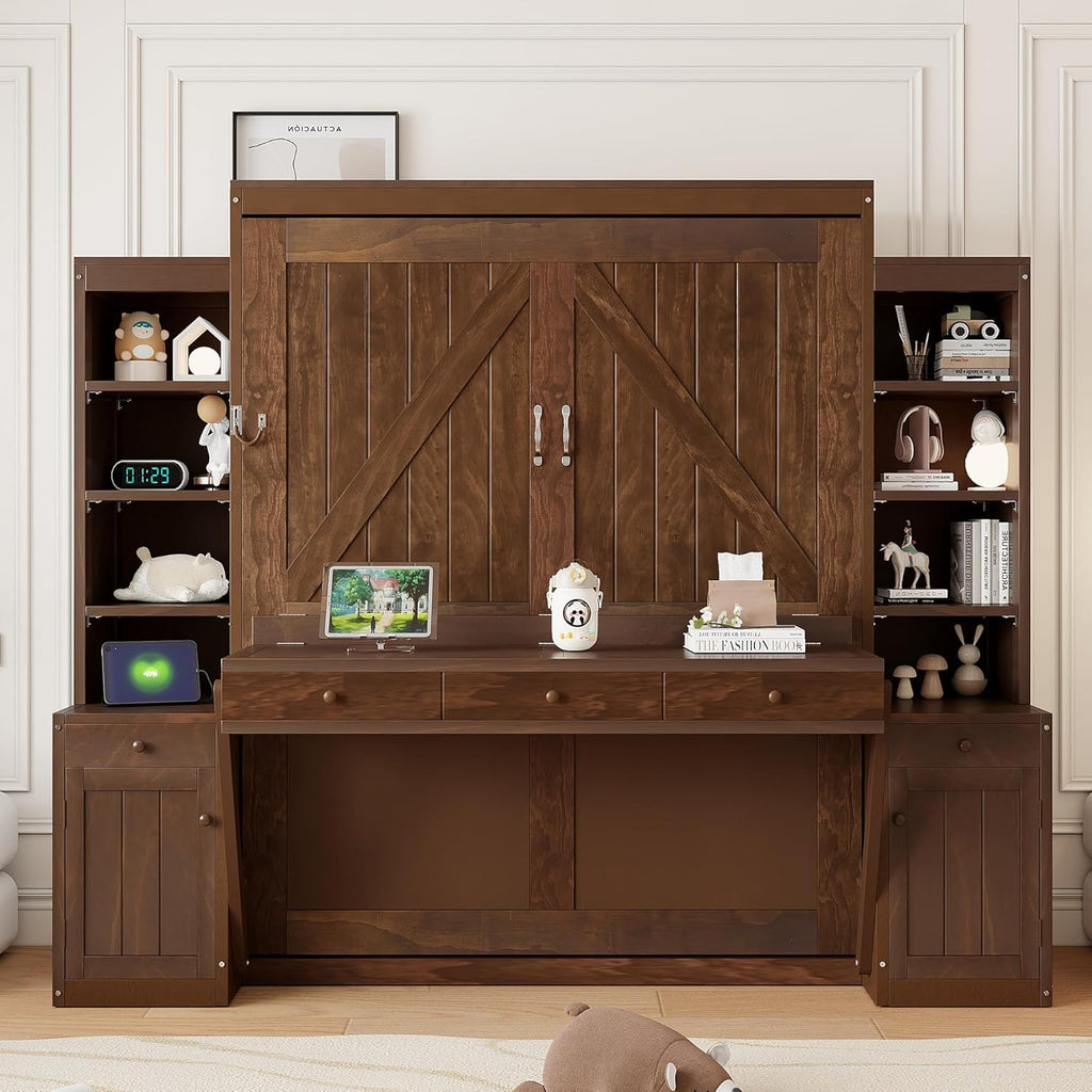 Murphy Bed with Desk, Storage Cabinets and Drawers, Wood Wall Bed with Shelves, Convert to Cabinet, Space-Saving