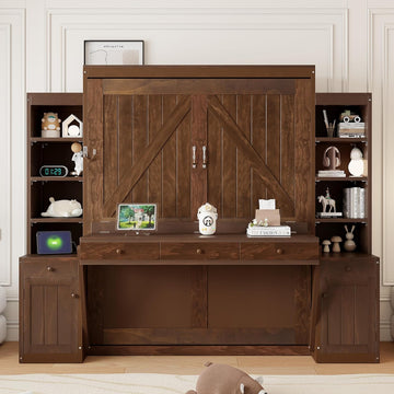 Murphy Bed with Desk, Storage Cabinets and Drawers, Wood Wall Bed with Shelves, Convert to Cabinet, Space-Saving