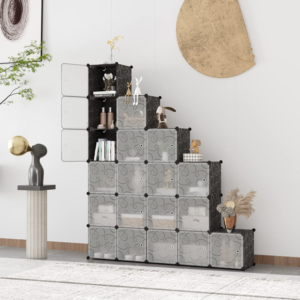 20-Cube Storage Organizer with Door Platic Closet Organizer Black