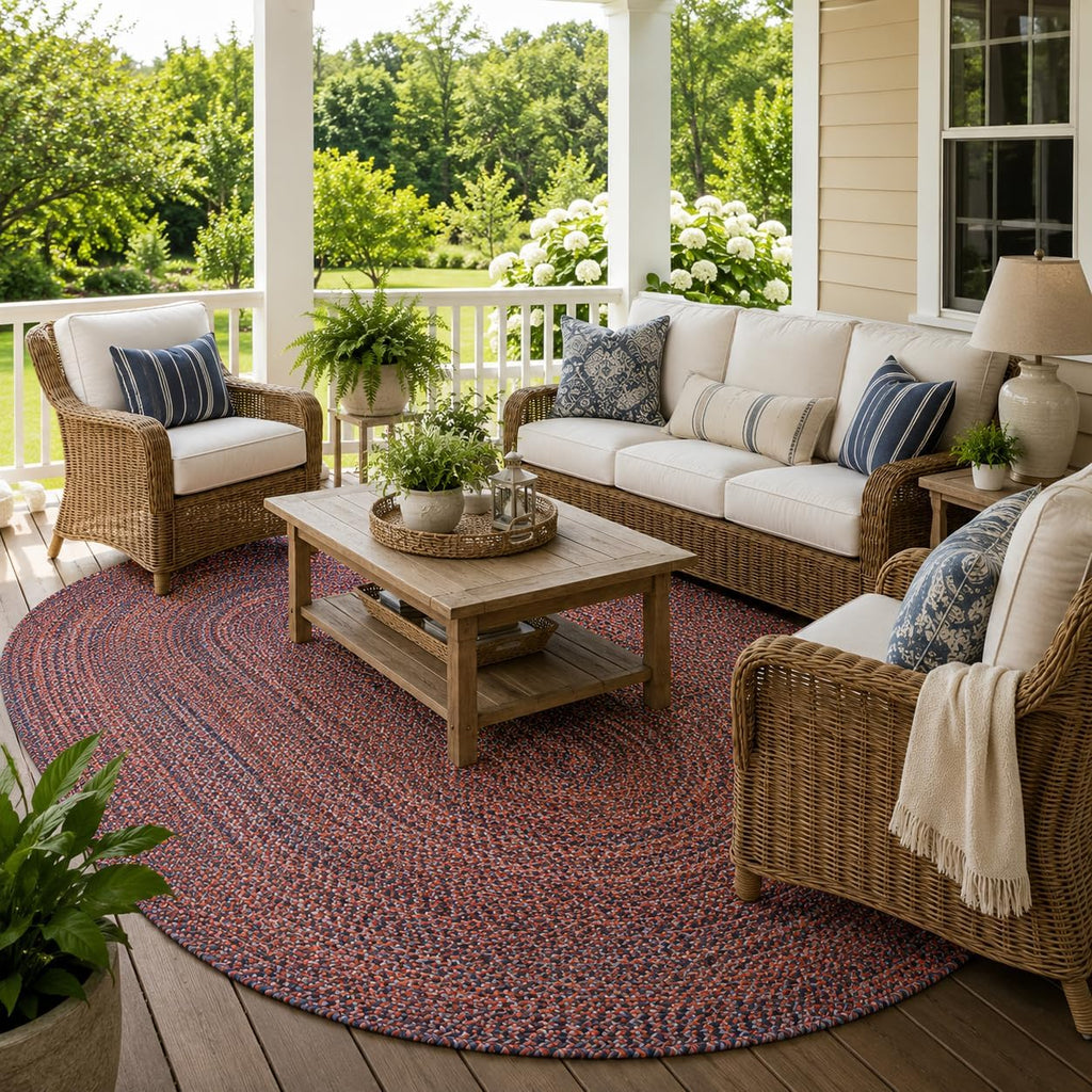 Canterbury Red & Blue Braided Rug, 8' x 10' Oval, Indoor/Outdoor Reversible Farmhouse Area Rug , or Patio