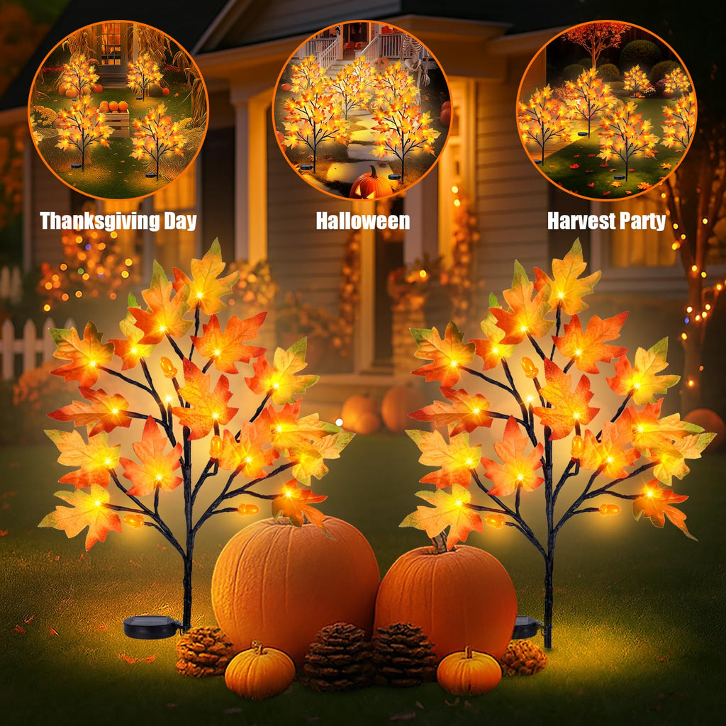 4PCS Solar Fall Lights Outdoor Decorative, 34" Fall Decor with Acorn Maple Leaf, 40LED Each with 8 Modes & Timer