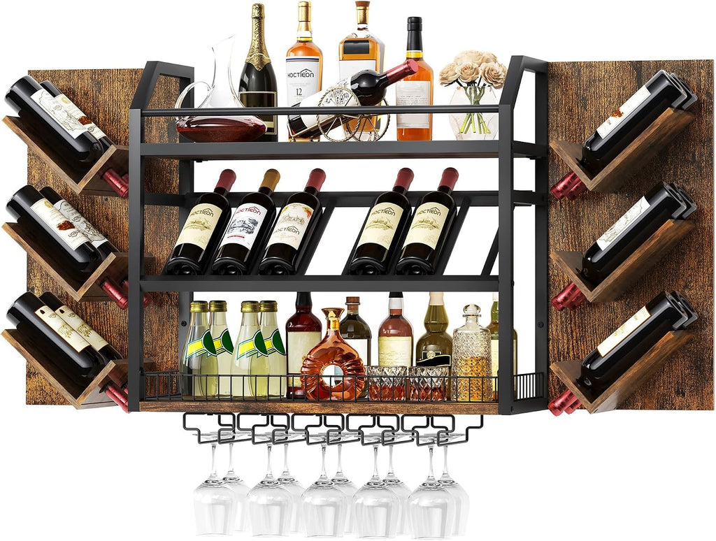 48.6in Wall Mounted Wine Rack, 3 Tier Hanging Wine Racks with Glass Holder, Large Capacity Bar Shelves, Metal Wood