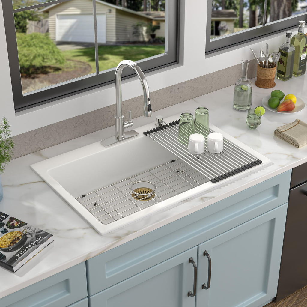 33"×22" Granite Composite - Drop-In Top Mount White Granite Quartz Classic Above Counter Single Bowl Sink Basin