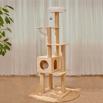 61'' Tall Real Wood Cat Tree with Space Capsule, Soft Top Bed with Toy Ball, Sisal Scratching Posts, Multi-Layer Cat