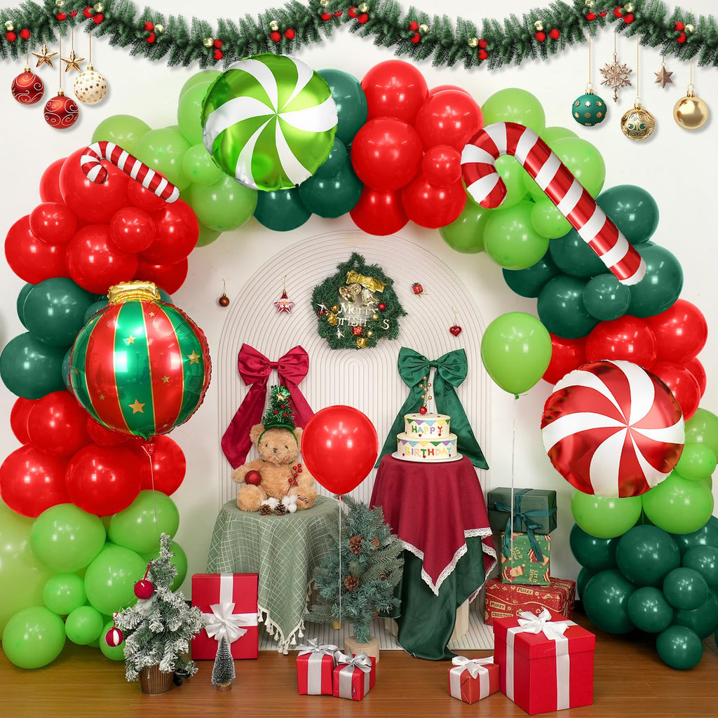 Christmas Balloons Garland Arch kit, 117pc Xmas Dark Green Red Balloon, Green Red Ball Candy Cane Peppermint