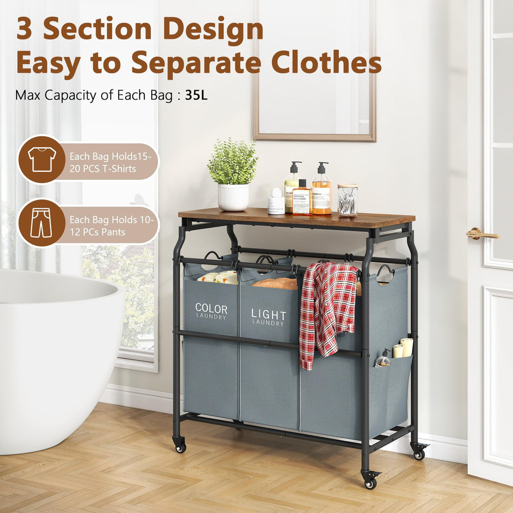 3 Section Laundry Sorter with Ironing Board, Laundry Hamper, Gray