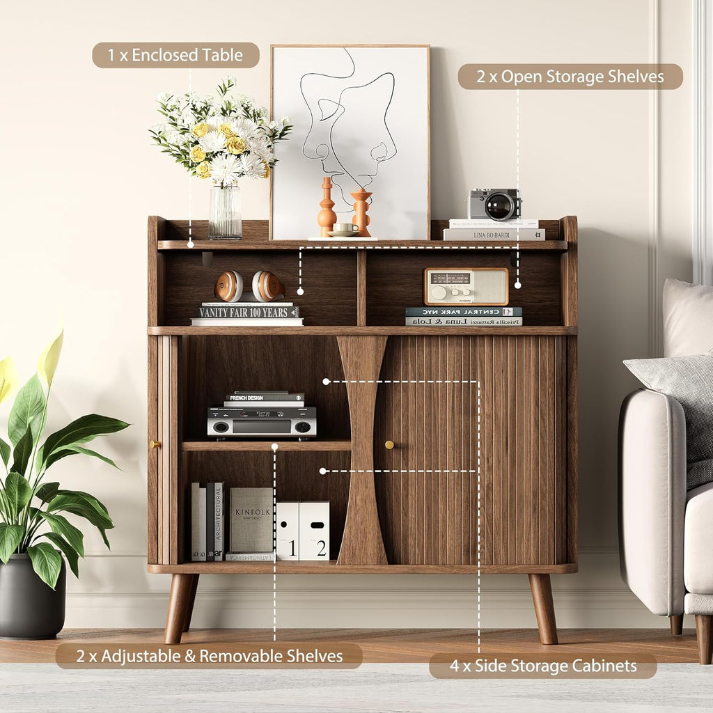 39" Buffet Sideboard Cabinet, Mid Century Modern Console Cabinet with Roller Shutter Sliding Doors & Adjustable
