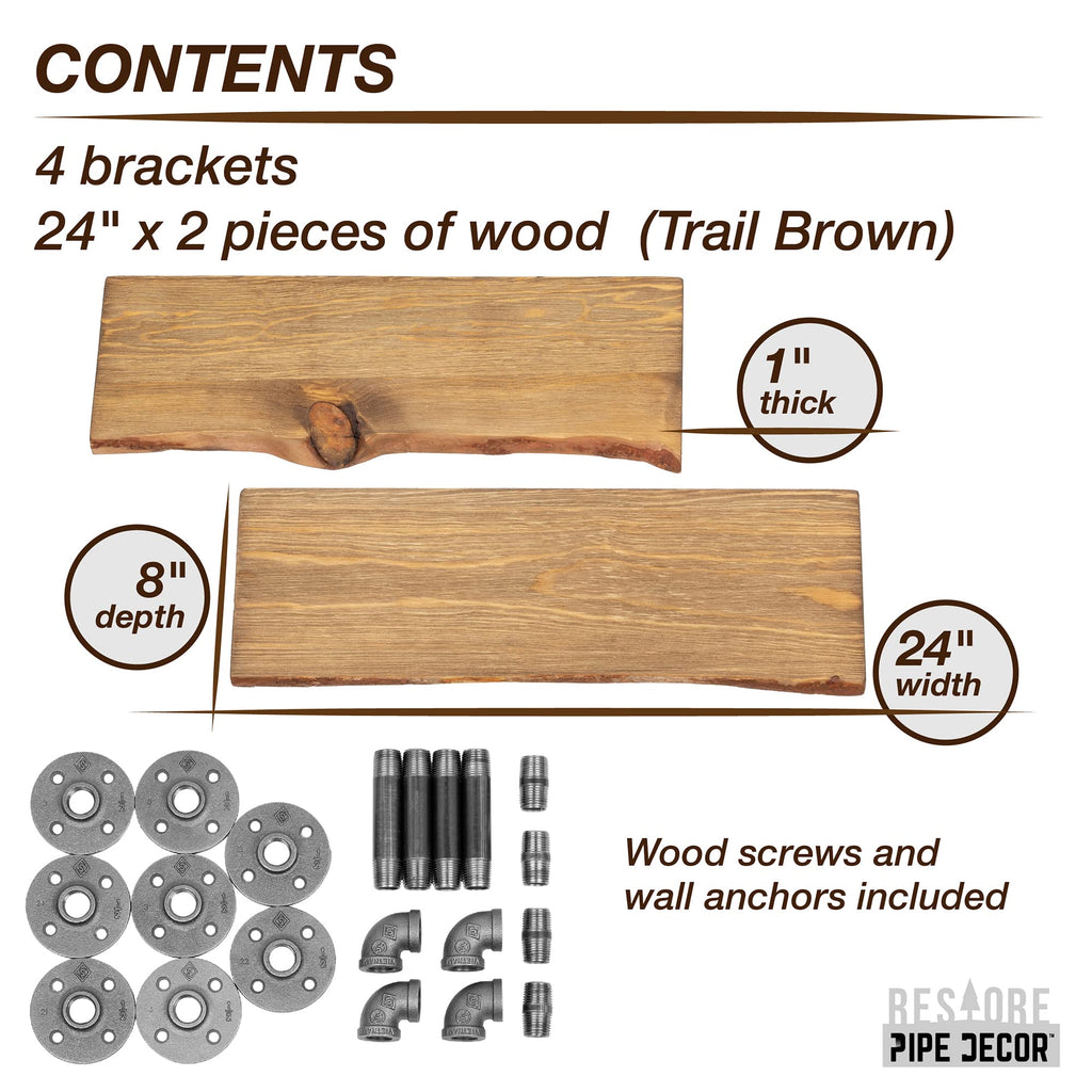 24" Trail Brown Live Edge Wood Shelf with Industrial L-Shaped Pipe Brackets (2-Pack)