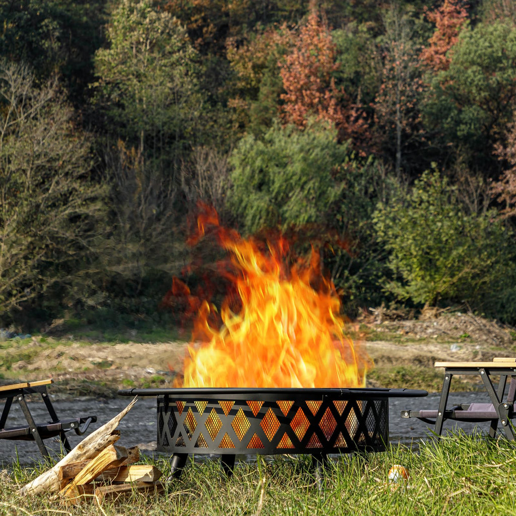 42 Inch Wood Burning Fire Pit with Spark Screen & Fire Poker