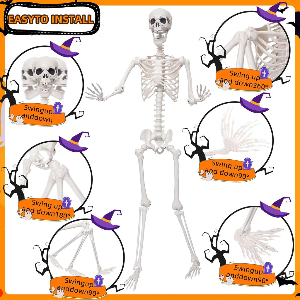 5.9Ft Halloween Skeleton with Movable Joints Plastic Skeleton Lawn Porch Decor - Set of 2