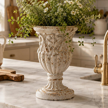 Vintage Urn Planter, 11.6" Tall Magnesium Oxide Pedestal Flower Vase, Lightweight Roman Decorative Planter for Indoor