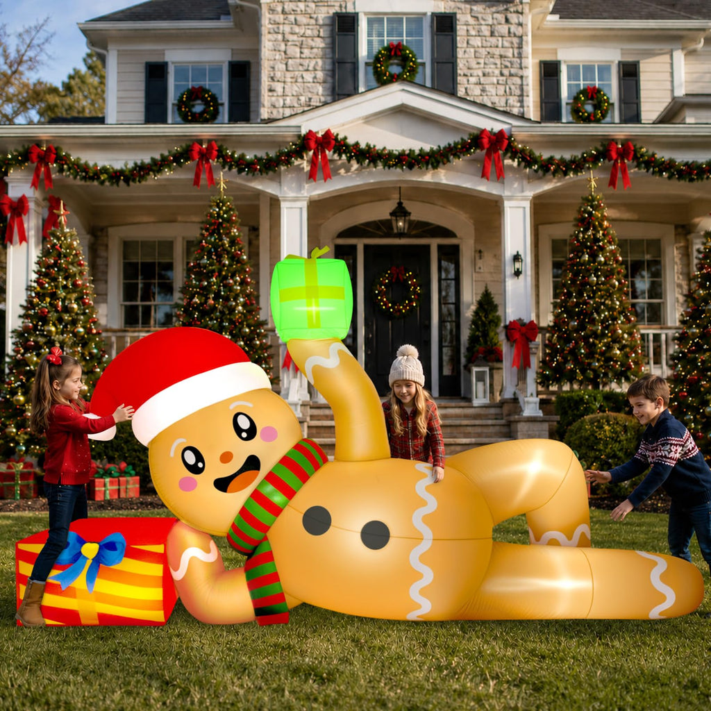 10 FT Christmas Inflatable Outdoor Decoration, Lying Gingerbread Inflatable Christmas Blow up Yard Decorations with