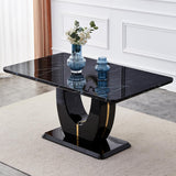 63" Black Marble-Look Dining Table for 6, Modern Rectangular Kitchen & Dining Room Table, Glossy Faux Marble Finish