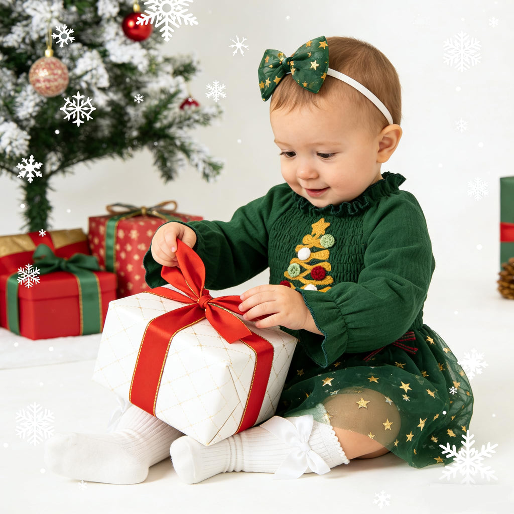 Baby Girl 1st Birthday Outfit Long Sleeve Christmas Romper Dress Cake Smash Clothes with Headband