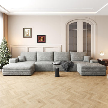 135" U Shaped Sectional Couch with Ottoman, Large Sectional Couches, Plush Corduroy Convertible Sleeper Sofa