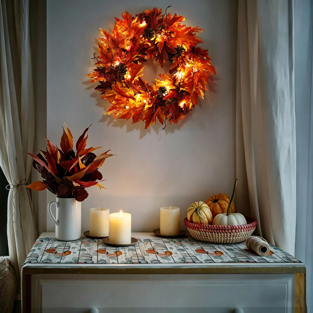 24in Fall Wreath for Front Door with 20 Lights & Timer