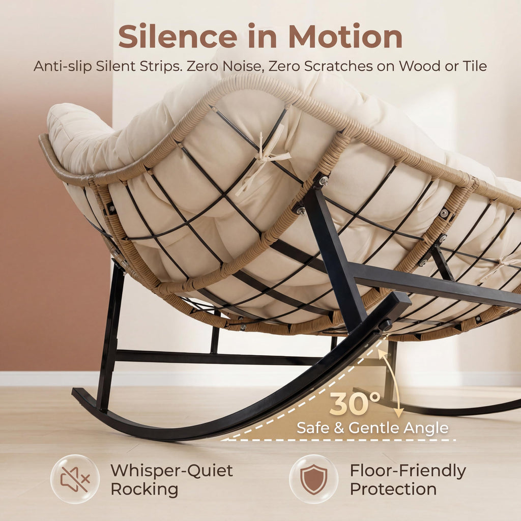 Oversized Double Rocking Papasan Chair with Thick Cushion, 2 Person Big Wicker Outdoor Comfy Recliner, Extra Large