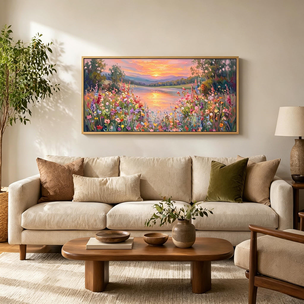 Large Floral Landscape Wall Art Wildflower Meadow Lake Sunset Painting Picture Colorful Botanical Flower Nature