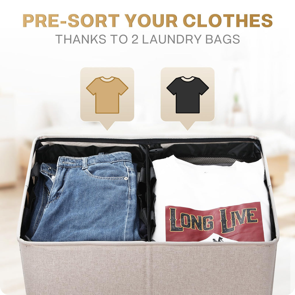 Large Double Laundry Hamper with Lid, Collapsible Clothes Hamper 2 section with Removable Bags, Space-Saving Laundry