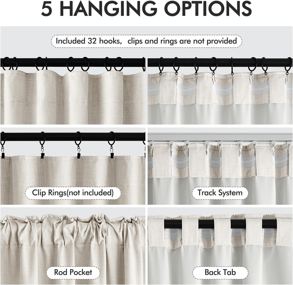 100% Blackout Curtains 96 Inch Long 2 Panels Set, Cream Thick Faux Linen Black Out Curtain Room Darkening Pleated