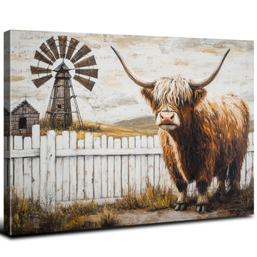 Farmhouse Highland Cow Wall Art Windmill Barn Pictures Western Wall Decor Living Room Country Farm Animals Canvas