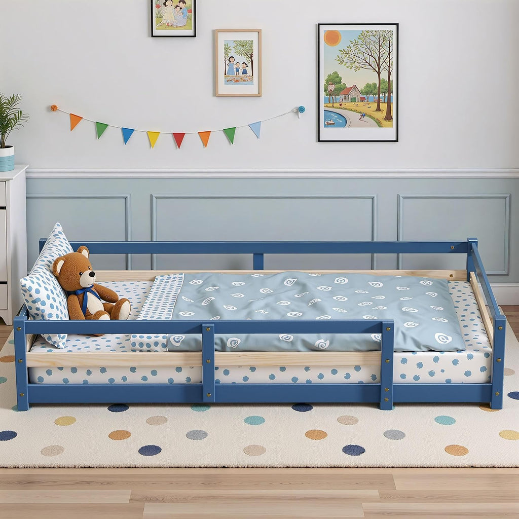 Montessori Bed, Solid Wood Floor Bed Frame with Safety High Fence, Montessori Floor Bed with Rails for Boys
