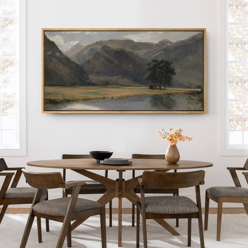 Extra Large Framed Canvas Print Wall Art Tranquil Mountain Valley with River Illustrations Modern Art Calm Warm
