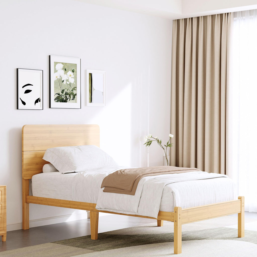 14" Twin XL Bamboo Wood Platform Bed Frame with Headboard, Natural