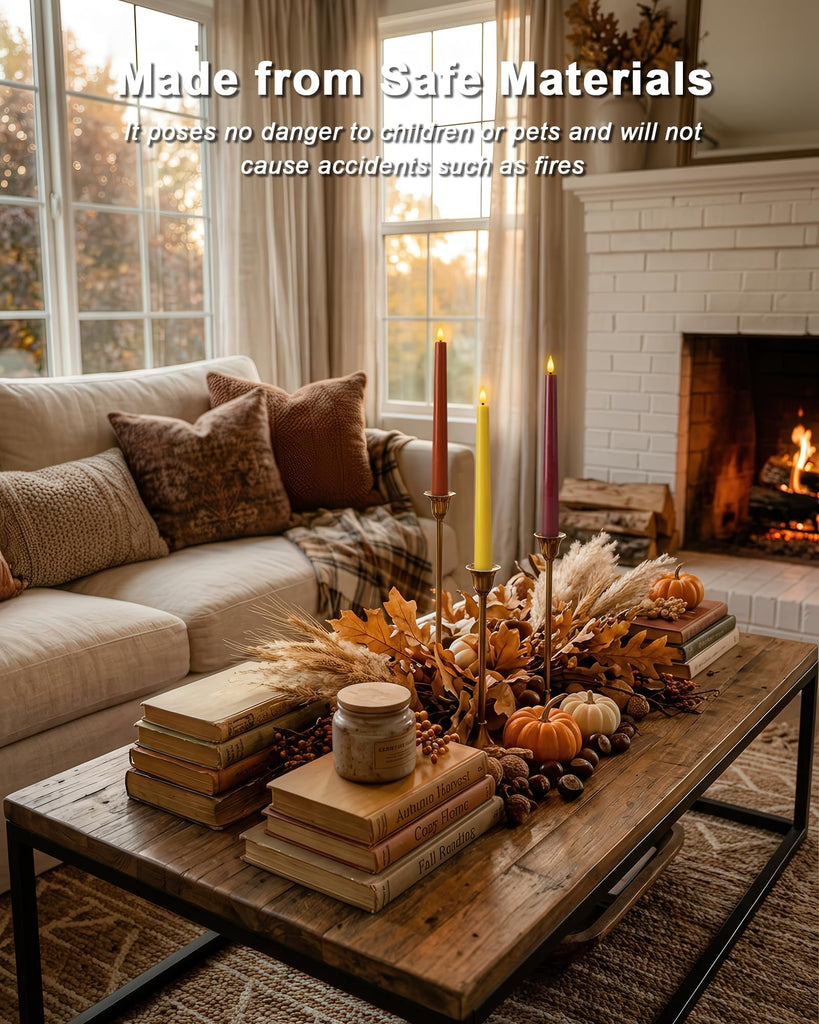 Real Wax Flameless Taper Candles, 9.6 Inch Warm Fall Colors Battery Operated LED Candlesticks 3 Pcs with Remote Timer