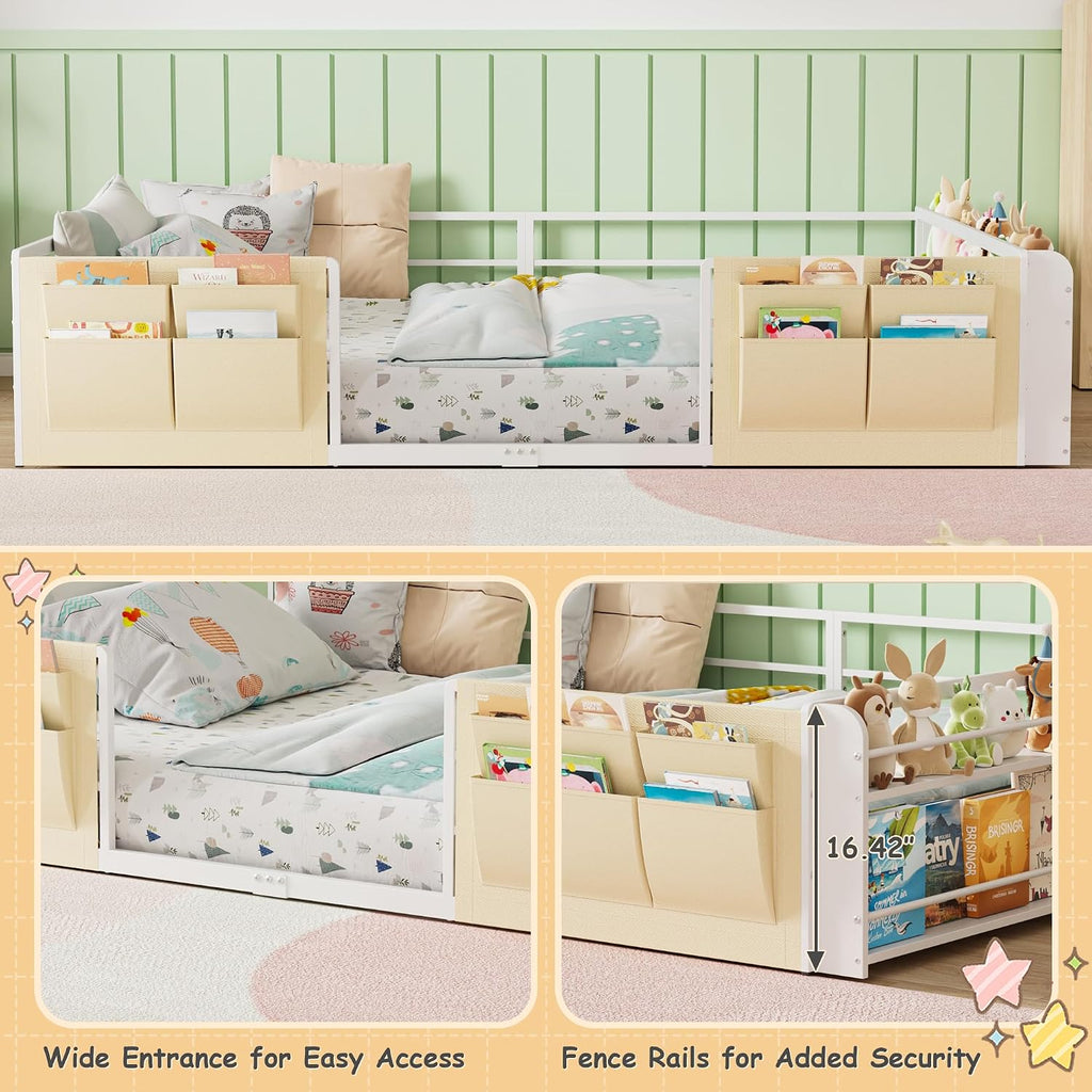 Montessori Floor Bed with Bookshelf & Storage Caddy
