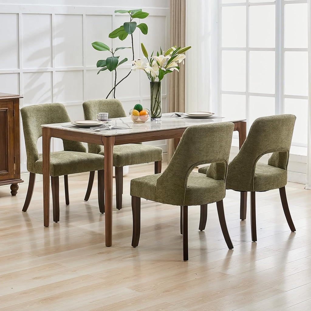 Wooden Dining Chairs Set of 4, Mid Century Modern Chenille Upholstered Dining Room Chair Kitchen Chairs, Farmhouse